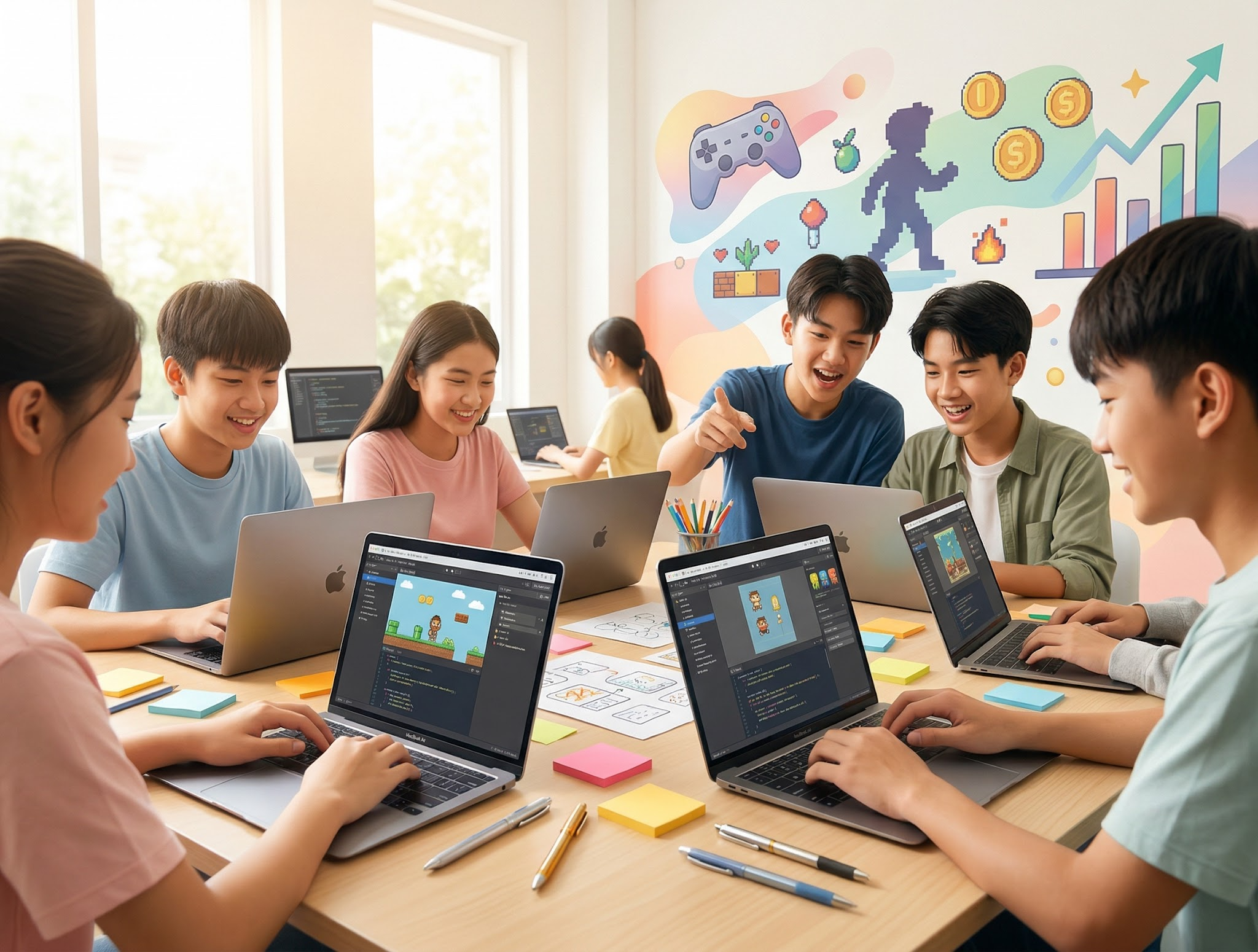 Students collaborating on game development projects with laptops