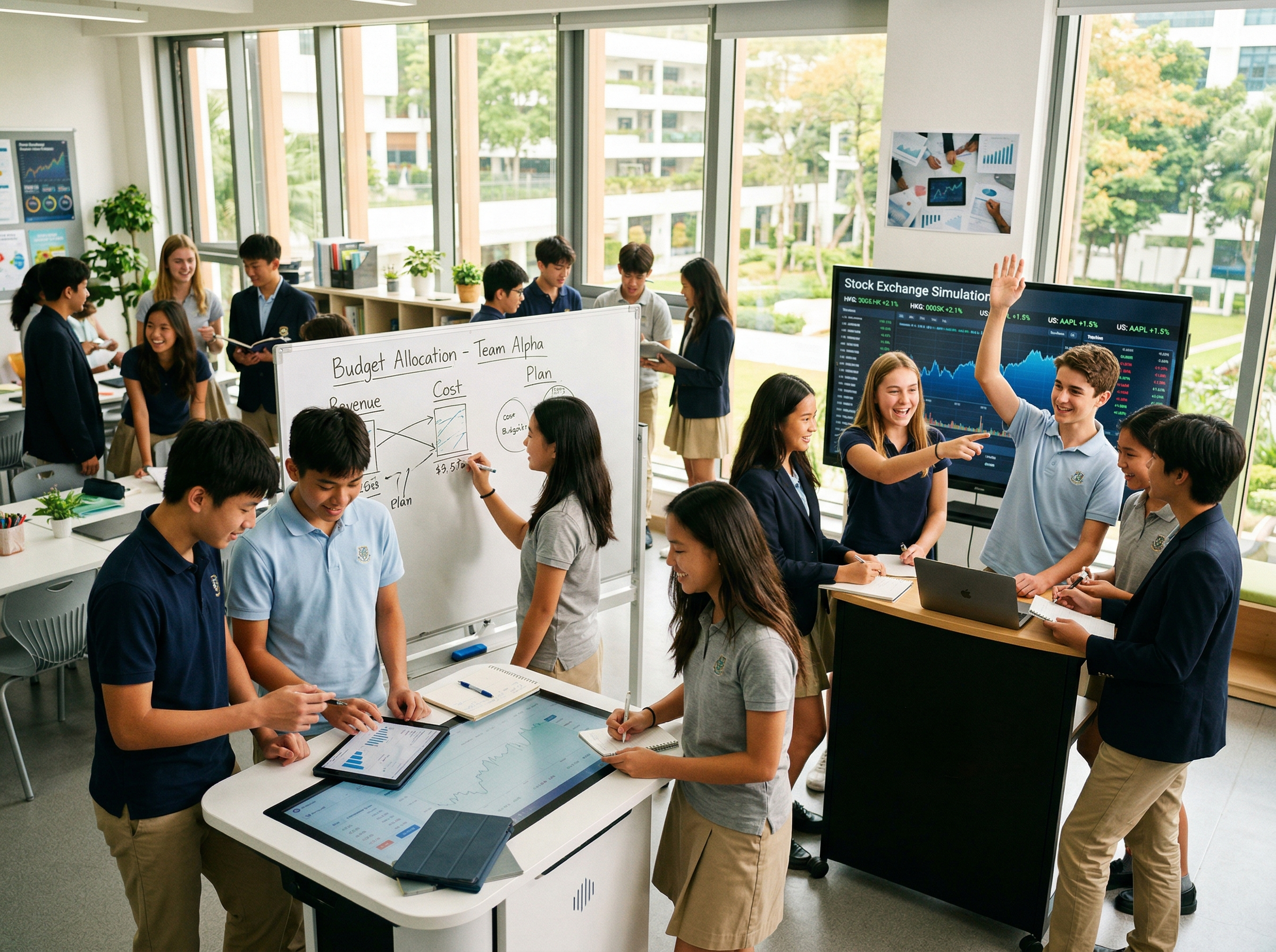 Students collaborating on financial simulations with budget planning and stock market analysis