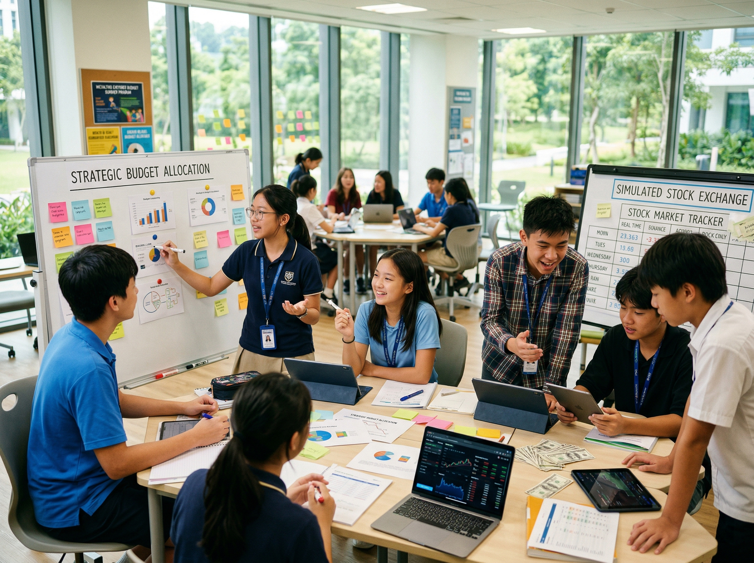 Students engaged in strategic budget allocation and stock market simulation activities
